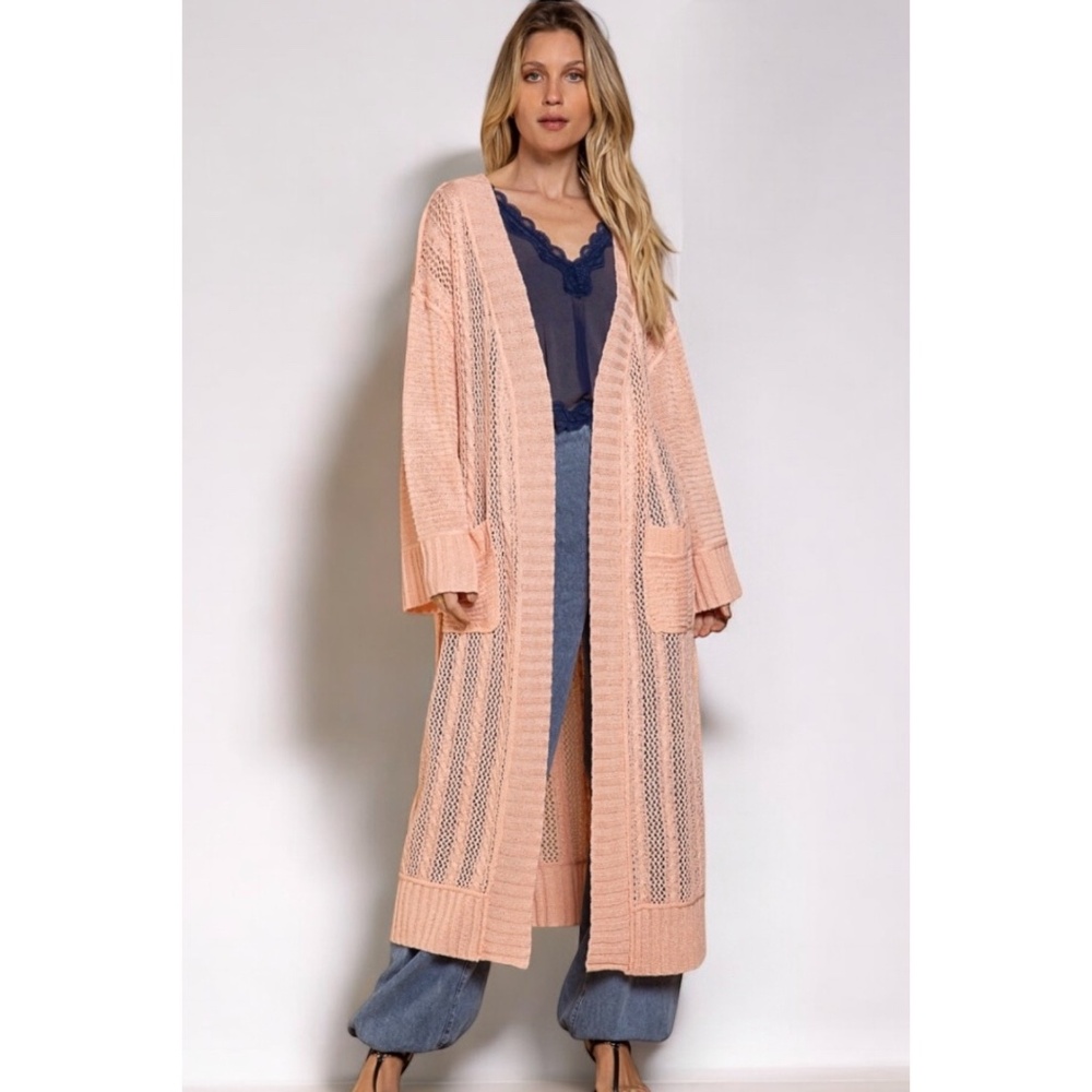 POL Himalayan Pink Mixed Weave Oversized Transitional Knit Long Cardigan - Picture 6 of 6